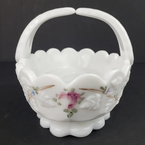 Westmoreland Milk Glass Basket Roses and Blue Vine Grapes Candy Dish Vintage - Picture 2 of 16